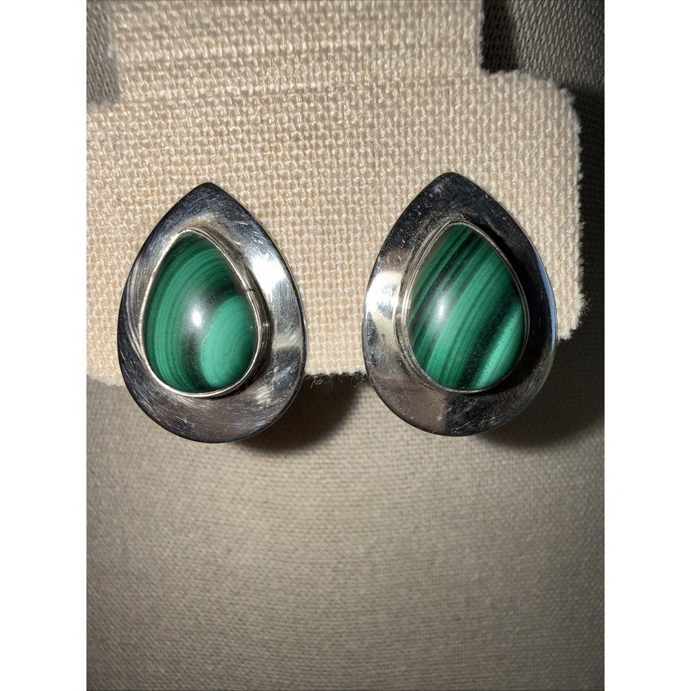 VTG Native American‎ Sterling Silver Clip On Earrings Malachite Green